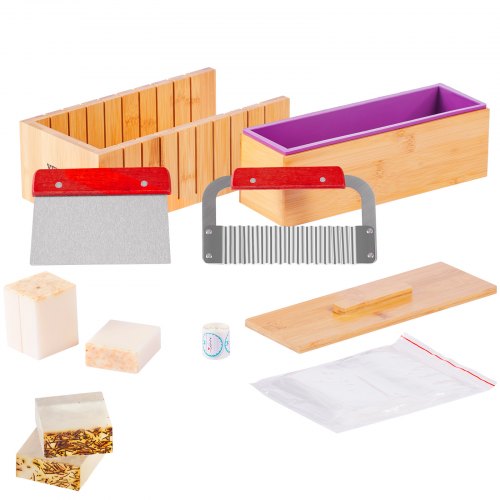 VEVOR Seifenschneider Set Seife Selb Machen 1301 mL, Seifenmachen Set Silikon, DIY Seifenherstellung Handgefertigt Seife Satz, Rechteckige Silikon Seife Form mit Bambuskasten 278 x 142 x 93 mm