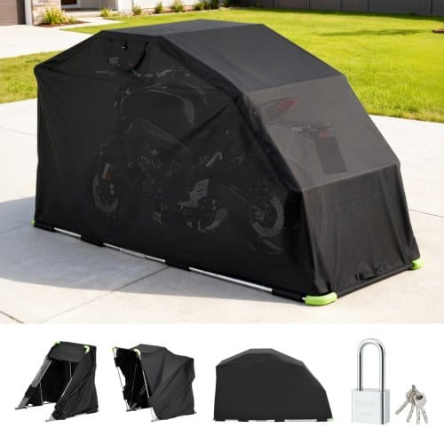VEVOR Motorrad Zeltgarage, Motorrad Abdeckplane 2790x1095x1600 mm, Motorradgarage mit Sicherheitsschloss, 600D Oxford-Klappzelt, Allwetter-Motorradabdeckung mit Belüftungsfenstern, Schwarz