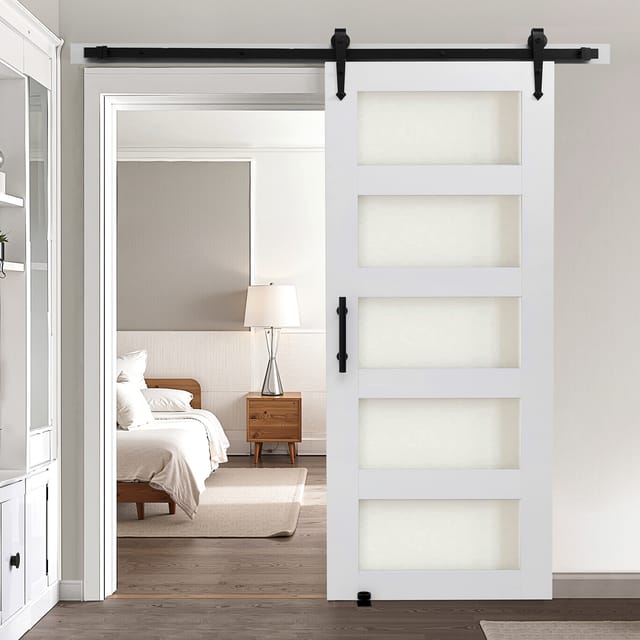 VEVOR Schiebetür im Scheunenstil Schiebetürsystem (813 x 2134 mm) aus hochfesten MDF-Platten & Milchglas, Scheunentor mit Hardware-Kit & wasserfester PVC-Oberfläche & H-Rahmen für Badezimmer
