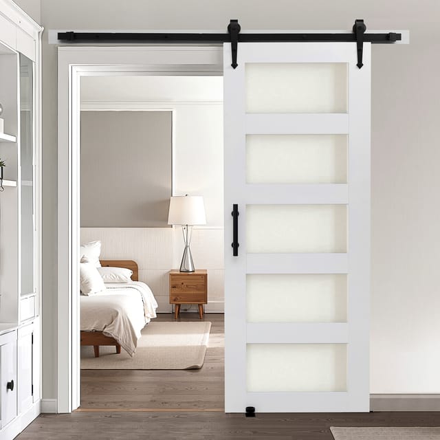 VEVOR Schiebetür im Scheunenstil Schiebetürsystem (762 x 2134 mm) aus hochfesten MDF-Platten & Milchglas, Scheunentor mit Hardware-Kit & wasserfester PVC-Oberfläche & H-Rahmen für Badezimmer