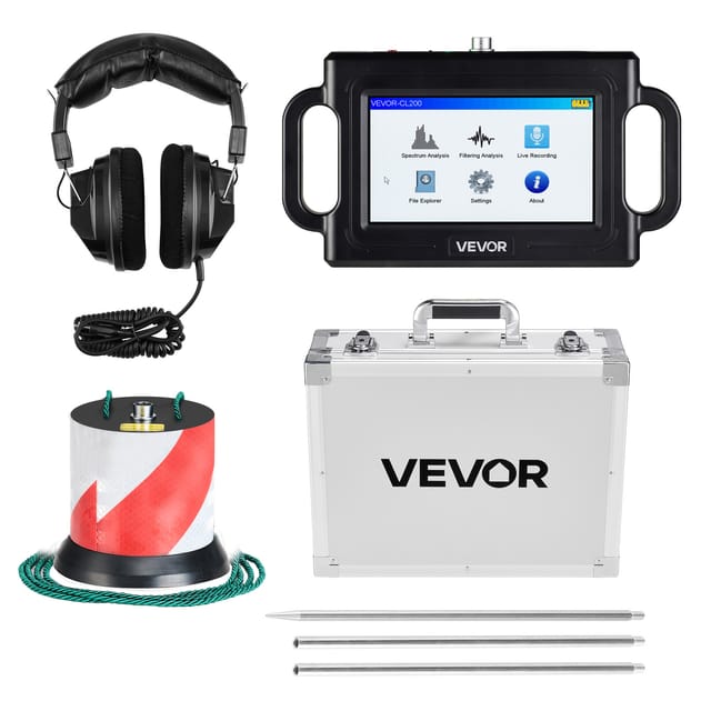 VEVOR Rohr-Wasserleckdetektor, 1 Hz–5000 Hz, 7-Zoll-Touchscreen, Lecksuchgerät für Rohrleitungen mit 2 m Tiefe – mit Sensor, 3 Abhörstäben, Kopfhörer, 8-GB-Karte und Tragetasche
