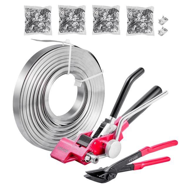 VEVOR 4 tlg Stahlband Umreifungsset, manuelle Umreifungsgerät mit 122 m Metallband, 400 Metallklammern und Schneider, pefekte Werkstattausstattung für industrielle Verpackung, Transport und Lager