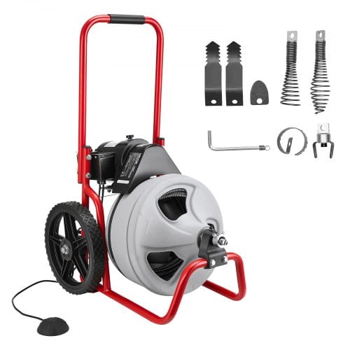 VEVOR Rohrreinigungsmaschine φ9,5 mm x 22 m, Reinigungsspirale mit Manueller Zufuhr, 6 Schneidwerkzeugen & Pneumatischem Fußschalter, Rohrreiniger für Rohrdurchmesser von 50 mm bis 100 mm