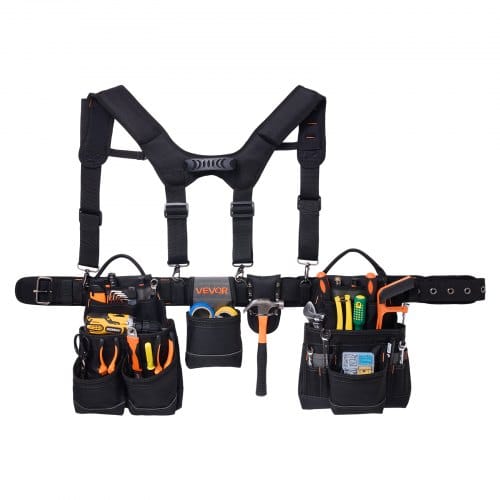 VEVOR Werkzeuggürtel, Handwerkergürtel mit 19 Taschen & Hosenträgern, Werkzeughalter, Hammerhalter für Elektriker, Schreiner & Bauarbeiter, Schürzenorganizer, verstellbar von 800 bis 1310 mm