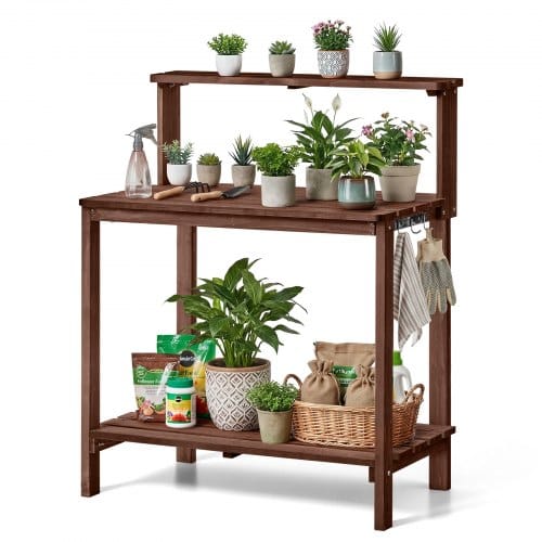 VEVOR Pflanztisch, Gärtnertisch, Gartenarbeitstisch mit Großer Holzplatte, Ablageflächen & Haken, Blumentisch, Outdoor Umtopftisch ideal für Terrasse, Garten & Balkon, Braun, 780x380x820 mm