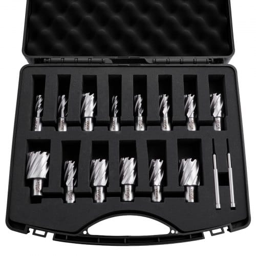 VEVOR HSS-Kernbohrer Weldon-Schaft 16-tlg. Magnetbohrer 11,11–34,92 mm Schnittdurchmesser, 14 Bohrer mit 2 Zentrierstiften, 25,4 mm Schnitttiefe, Kunststoffkoffer, für Magnetbohrmaschinen Aluminium