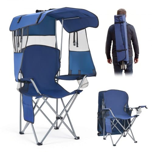 VEVOR Campingstuhl Faltstuhl 150 kg Belastbar, Anglerstuhl mit Sonnendach & Zeitschriftentasche, Klappstuhl mit 2 Getränkehaltern, für Outdoor-Aktivitäten Angeln Picknicks Camping Dunkelblau