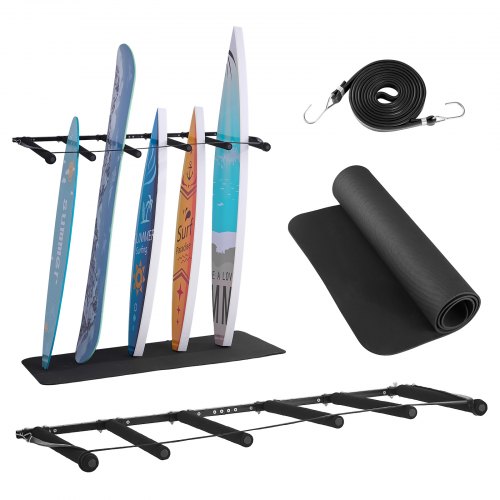 VEVOR Surfbrett-Wandhalterung (5 Ebenen) vertikales Surfbrett-Rack Aufhänger zur Aufbewahrung & Präsentation, verstellbarer Organizer für Kiteboards Shortboards Skier Snowboards Schwarz