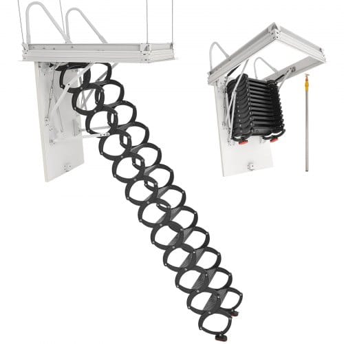 VEVOR Dachbodenleiter, Tragkraft 299,4 kg, passend für Deckenhöhen von 2,9-3,1 m & Öffnungsgröße von 1000,76x698,5 mm, Scherentreppe aus legiertem Stahl mit Zugstange für Dachboden