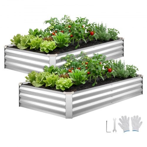 VEVOR Hochbeet Metall 2er-Pack 180x90x30 cm, Rechteckiges Gartenbeet, Pflanzkasten-Set für Außenbereich, Gemüsebeet mit Handschuhen, Blumenbeet Bodenlos, Pflanzbeet für Blumen & Gemüse, Silber