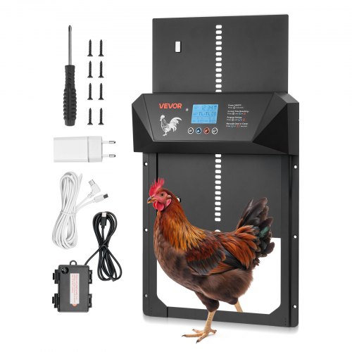 VEVOR Automatische Hühnerklappe, Hühnertür mit LCD-Display, Lichtsensor, Timer, manueller Einstellung, Einklemmschutz, Hühnerstalltür, Hühnerauslauf-Toröffner für Bauernhof, 405x330x85 mm