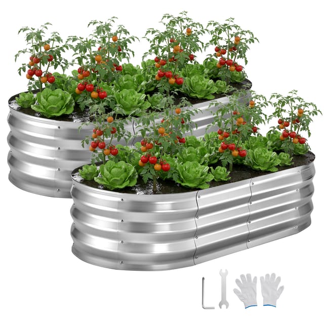 Vevor Hochbeet Metall 2er-pack 120x60x30 Cm, Ovales Gartenbeet, Pflanzkasten-set Für Den Außenbereich, Gemüsebeet Mit Handschuhen, Blumenbeet, Pflanzbeet Für Blumen & Gemüse, Silber