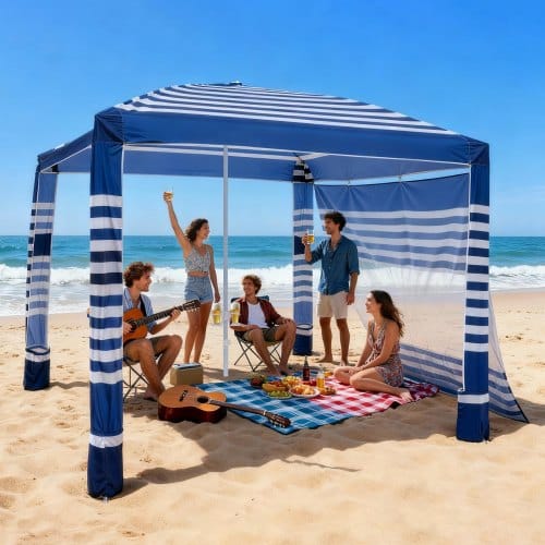 VEVOR Strand-Cabana, 2,4 x 2,4 m Strandüberdachung mit Seitenwand, UPF 50+ Sonnenschutz, Cabana mit Sandsäcken, höhenverstellbarer & tragbarer Sonnenschutz für die ganze Familie und Freunde