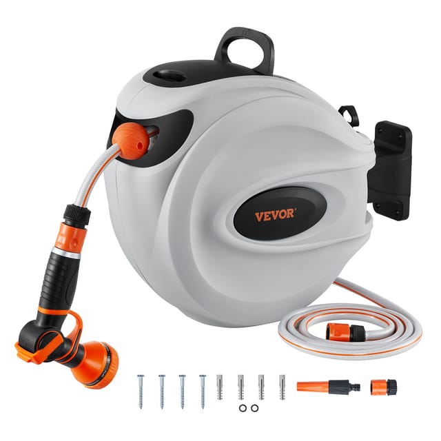 VEVOR Schlauchtrommel Wasser 25mx12mm mit Wandhalterung Tragegriff Schlauchaufroller mit 9-Muster-Sprühdüse & Gartenschlauch 180° Schwenkbar Wand-Schlauchbox mit Aufroll-Automatik Gießen Autowaschen
