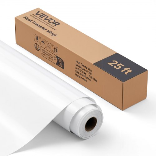 VEVOR Vinylfolie Wärmeübertragung Transferfolie (304,8 x 7260 mm), glänzend weiße HTV-Bügelvinylrolle, kompatibel mit Schneidemaschinen, für verschiedene Materialien T-Shirts Kissen Hüte