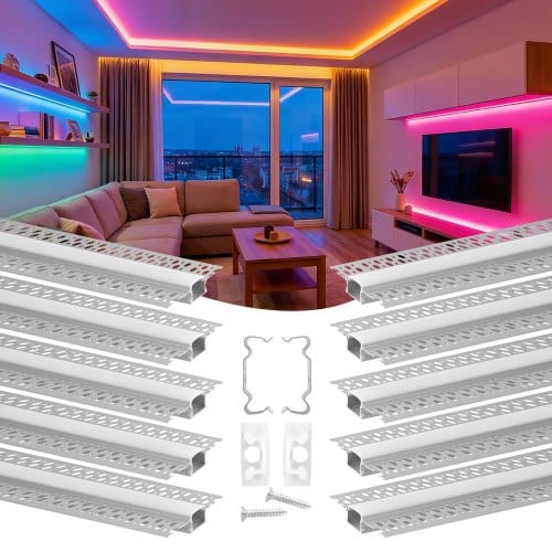 VEVOR LED Profil 10er-Pack 2 m, Eloxierte Trockenbauprofil mit Milchiger Abdeckung, Endkappen & Befestigungsclips, Deckenprofil, Diffusor Einbau in Gipskarton, Aluminiumprofile für Wand & Decke