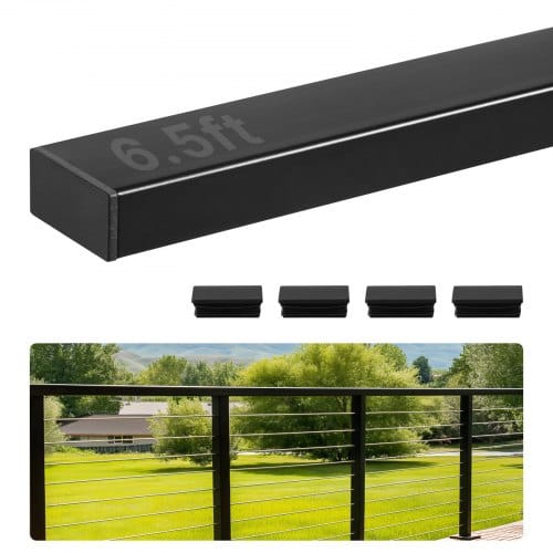 VEVOR Balkon Geländer aus Edelstahl, rechteckiger Handlauf für Treppendecks oben für Außen-/Innenstufen mit Endkappe, mattschwarze Beschichtung, Kabelgeländer-Set, 50x25x1981 mm