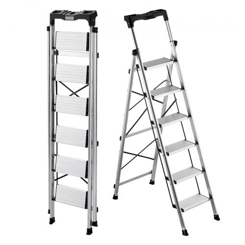 VEVOR Trittleiter 6 Stufen, Klappleiter mit Anti-Rutsch-Stufen & Komfortablem Handgriff, Haushaltsleiter Tragkraft 150 kg, Aluminium-Sicherheitsleiter für Küche, Lager, Haushalt & Büro, Silber