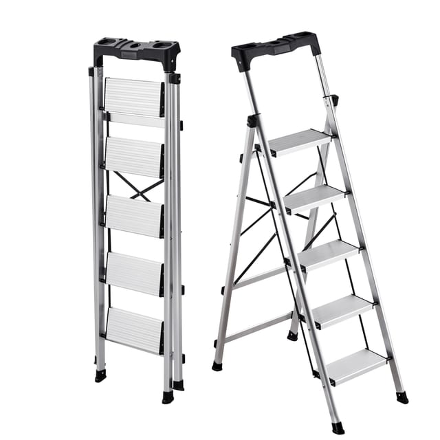 VEVOR Trittleiter 5 Stufen, Klappleiter mit Anti-Rutsch-Stufen & Komfortablem Handgriff, Haushaltsleiter Tragkraft 150 kg, Aluminium-Sicherheitsleiter für Küche, Lager, Haushalt & Büro, Silber