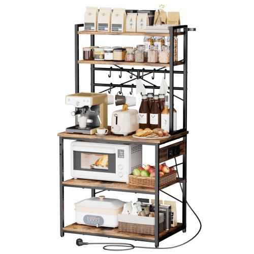 VEVOR Küchenregal Bäckerregal (800 x 400 x 1618 mm) mit X-förmiger Stützstange & 12 S-förmigen Haken & Integrierter Steckdosenleiste, Mikrowellenregal für Geschirr Gewürzflaschen Metallregal
