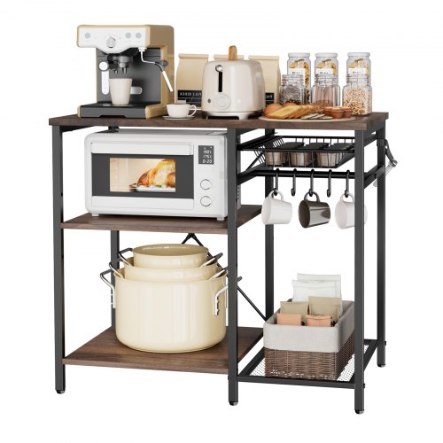 VEVOR Küchenregal Bäckerregal (90 x 40 x 90 cm) mit X-förmiger Stützstange & 5 S-förmigen Haken & Mehrstufigem Ablagefach, Mikrowellenregal für Geschirr Schüsseln Gewürzflaschen Metallregal