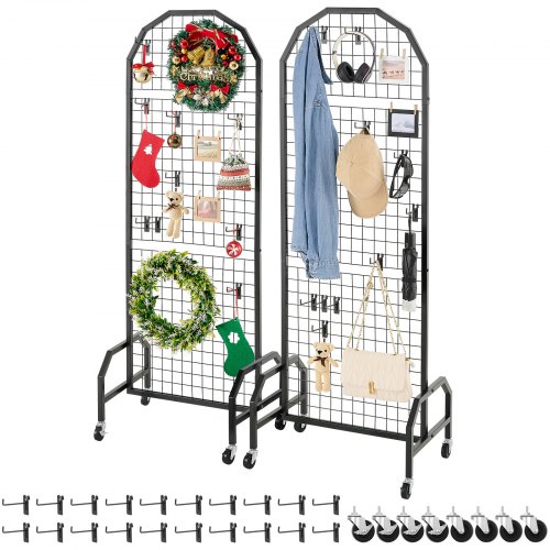 VEVOR Gitterwandpaneele Gitterwand 60 x 164 cm 2 Stk. rollbarer Präsentationsständer mit 20 Haken, Präsentationsregale aus Karbonstahl, Kunstausstellungsregal für Dekoration Lagerung, schwarz