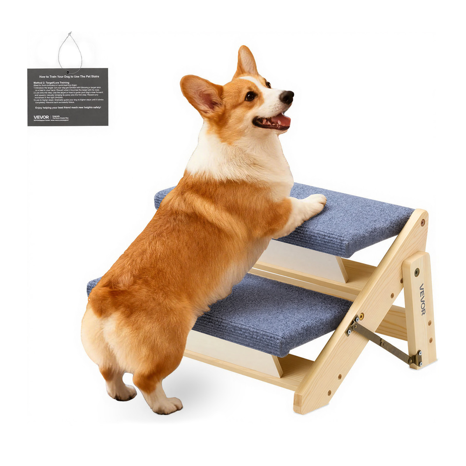 VEVOR Hundetreppe 370x470x260 mm, 2-stufige Hautiertreppe, klappbare Holztreppe geeignet für kleine, mittlere, große, ältere Haustiere sowie Welpen bis 50 kg, Hundeleiter für Betten, Sofas & Autos