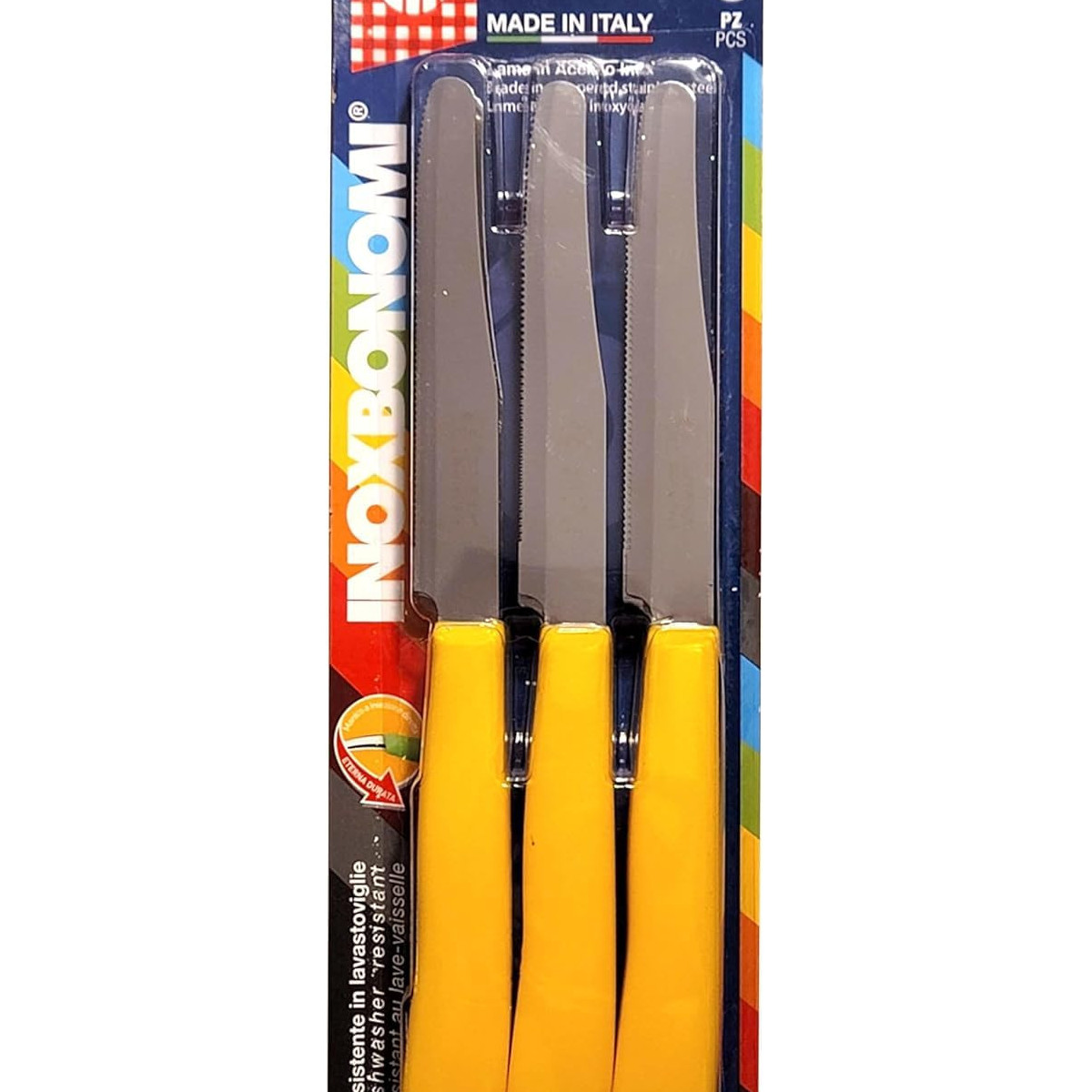 Inoxbonomi Set Aus 6 Tischmessern Mit Gezahnter Klinge Aus Edelstahl Aisi 420 Und Gelbem Griff, Made In Italy