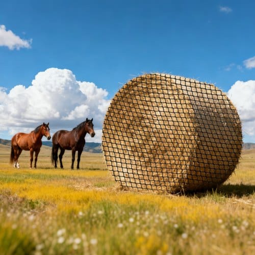 VEVOR Rundballen-Heunetz, 1,5x1,5x1,5 m, 42x42 mm Maschenweite, PE-Material, knotenloses Design, mit Kabelbindern, Nadelschiffchen, Reparaturschnur & Aufbewahrungsbeutel, Futtersparnetz für Pferde