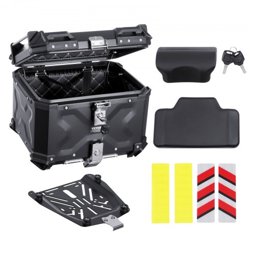 VEVOR Motorrad-Topcase Motorradkoffer 55 L Heckbox aus Aluminiumlegierung mit Lederfutter, abnehmbare Motorrad-Topbox mit Schloss & Rückenpolster, Helmkoffer (470 x 430 x 367 mm) Schwarz