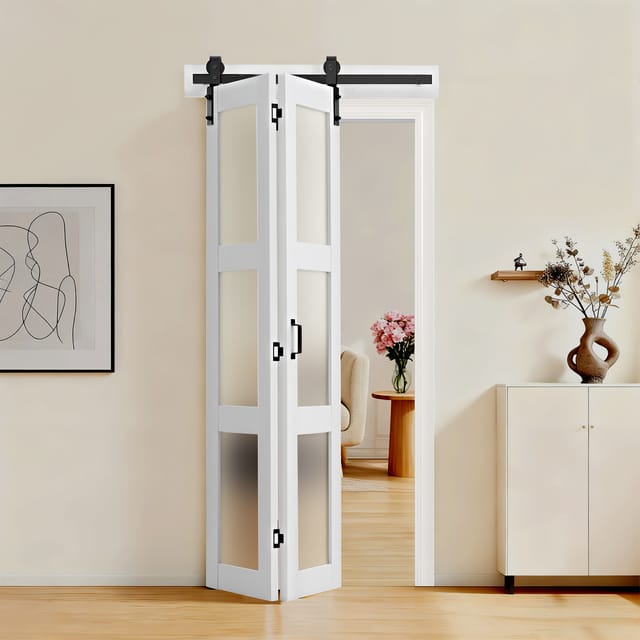 VEVOR Faltbare Schiebetür im Scheunentor-Stil 914x2134 mm, Falttür aus MDF + Gehärtetem Glas, mit Beschlagsatz, Platzsparendes Design, Vormontierte Paneele für Schlafzimmer Wohnzimmer Weiß