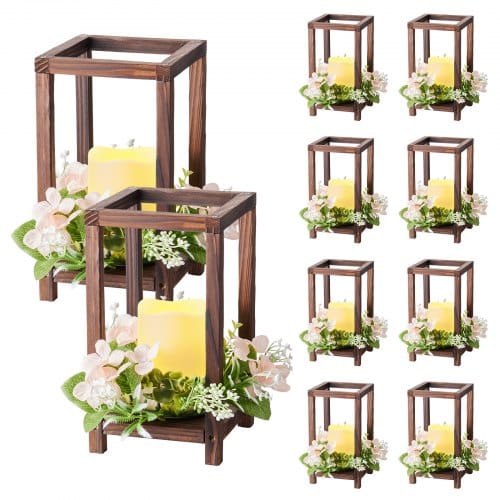 VEVOR 10er-Set Holzlaternen für Hochzeiten, inkl. 10 Holzlaternen-Kerzenhaltern, 10 flammenlosen LED-Kerzen, 10 Champagner-Blumenkränzen für Hochzeitstisch, Party, Bauernhaus-Dekoration, Braun