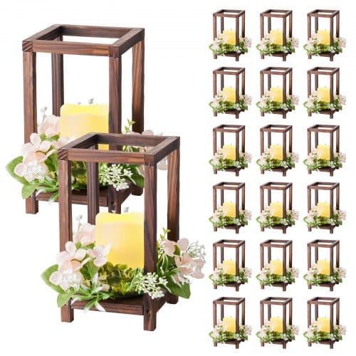 VEVOR 20er-Set Holzlaternen, inkl. 20x Laternen-Kerzenhaltern, 20x flammenlosen LED-Kerzen, 20x Champagner-Blumenkränzen für Hochzeitstisch, Party, Bauernhaus-Dekoration, Braun