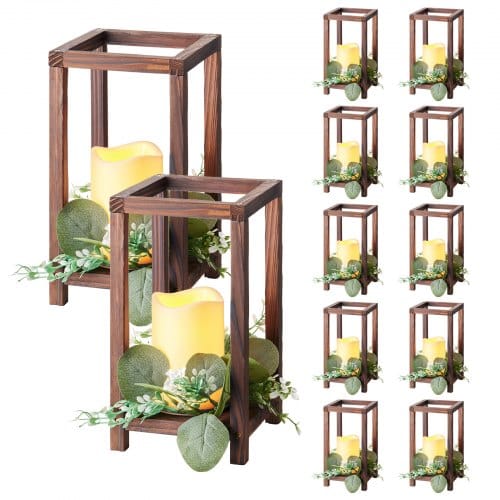 VEVOR 12er-Set, Holzlaternen, inklusive 12 Holzlaternen-Kerzenhaltern, 12 flammenlosen LED-Kerzen, 12 Eukalyptusblätter-Kranz für Hochzeitstisch, Party, Bauernhaus-Dekoration, Braun