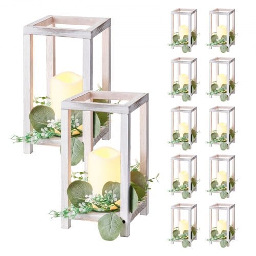 VEVOR 12er-Set, Holzlaternen, inkl. 12x Kerzenhaltern aus Holzlaternen, 12x flammenlosen LED-Kerzen, 12x Eukalyptusblätter-Kranz für Hochzeitstisch, Party, Bauernhaus-Dekoration, Weiß