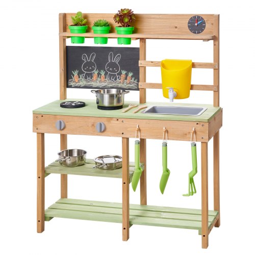 VEVOR Spielküche, Kinderküche, Spielzeugküche mit Herd, Wassertank, Spüle, Pflanzschaufeln, Spachtel, Kiste, Kochgeschirr & Zubehör, Outdoor-Holzküche für Kinder ab 3 Jahren, 762x324x914 mm