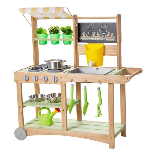 VEVOR Spielküche, Kinderküche, Spielzeugküche mit Löffeln, Spüle, Sonnenschutz, Schwenkrädern, Kochgeschirr & Zubehör, Holzküche, Ideal für Kinder ab 3 Jahren, 880x326x900 mm