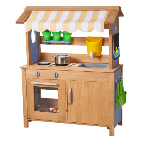 VEVOR Spielküche, Kinderküche, Spielzeugküche mit Löffeln, Spülbecken, Wassertank, Sonnenschutz, Schaufeln, Kochgeschirr & Zubehör, Outdoor-Holzküche für Kinder ab 3 Jahren, 795x339x1000mm