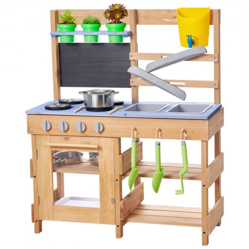 VEVOR Spielküche, Kinderküche, Spielzeugküche mit Herd, Haken, Spülbecken, Pflanzspaten, Pfannenwendern, Griffen, Kochgeschirr & Zubehör, Holzküche für KInder ab 3 Jahren, 762x324x914 mm