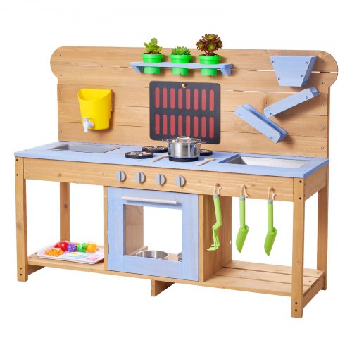 VEVOR Spielküche, Kinderküche mit Herd, Haken, Doppelspülbecken, Pflanzspaten, Pfannenwendern, Kochgeschirr & Zubehör, Spielzeugküche zum Spielen mit Wasser & Sand, Holzküche, 1220x425x930 mm