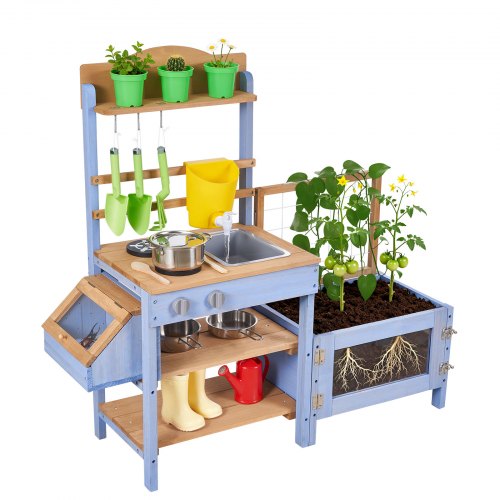 VEVOR Spielküche, Kinderküche, Spielzeugküche aus Holz mit Pflanzkasten, Wassertank, Spülbecken, Kochgeschirr & Zubehör, Holzküche für Rasen & Garten, für Kinder ab 3 Jahren, 1060x370x995mm