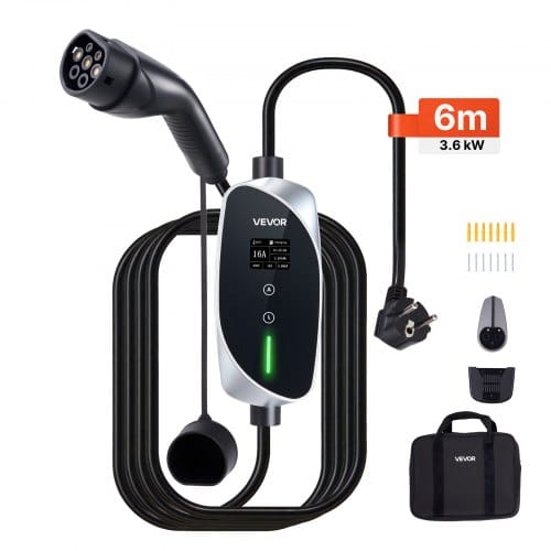 VEVOR Mobile Wallbox, 3,6 kW, 16 A, Typ 2 Ladestation, 1-Phasig-Ladegerät mit 6 m Ladekabel, Schuko-Stecker (16 A), LCD-Display, IP66-Steuereinheit, Stromversorgung für Elektrofahrzeuge