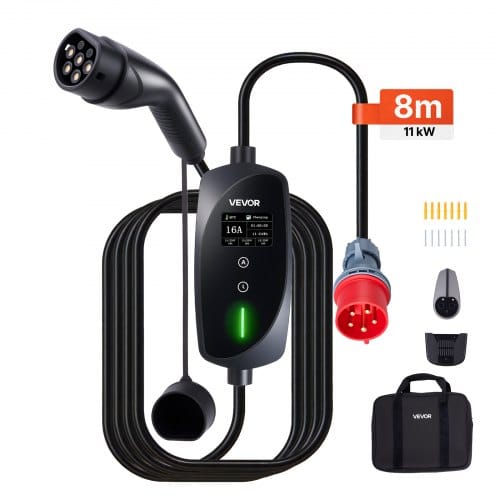 VEVOR Mobile Wallbox, 11 kW 16 A, Typ 2 Ladestation, Tragbares 3-Phasen-Ladegerät mit 8 m Ladekabel, CEE16-Stecker, LCD-Bildschirm, IP66-Steuereinheit, Stromversorgung für Elektrofahrzeuge