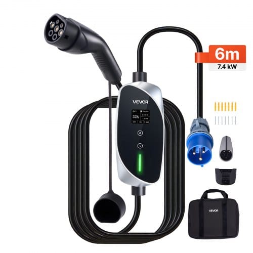 VEVOR Mobile Wallbox, 7,4 kW, 32 A, Typ 2 Ladestation, Tragbares Einphasig-Ladegerät mit 6 m Ladekabel, CEE-Stecker, LCD-Bildschirm, IP66-Steuereinheit, Stromversorgung für Elektrofahrzeuge
