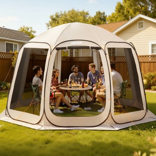 VEVOR Pop-Up-Zelt, 365,76x335,28 cm, tragbares Campingzelt für 10–12 Personen, mit Netz, Tragetasche, Seitenwänden und Heringen, für Garten, Terrasse und Outdoor-Aktivitäten, Beige
