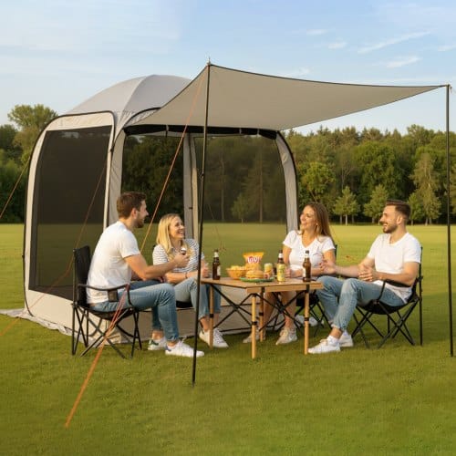 VEVOR Campingzelt, 182,88x182,88x219,4 cm, Pop-up-Zelt mit ausziehbarer Markise, tragbares Partyzelt für 4-6 Personen, inkl. Tragetasche & Seitenwänden, für Terrasse & Outdoor-Aktivitäten, Beige