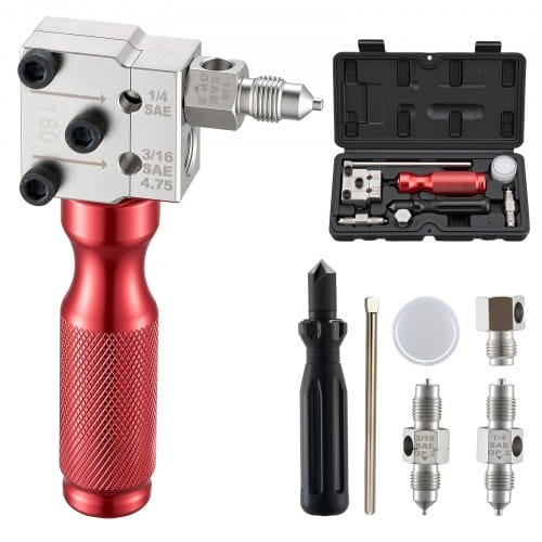 VEVOR 6 tlg. Bremsleitung Bördelgerät Set, 45° Bördelwerkzeug für Einfach- & Doppelbördelung, Rohraufweiter mit 2 Formmatrizen für 4,75mm & 6,35mm Außendurchmesser, Bremsleitung Reparatursatz für KFZ