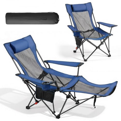 VEVOR Campingstuhl, Campingliege 150 kg, Gartenstuhl mit 4 Belastungspositionen, mit Fußstütze, Getränkehalter, Seitentasche und Kopfstütze, für Camping, Angeln und Outdoor-Aktivitäten, Blau