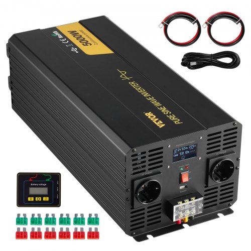 VEVOR Wechselrichter mit reiner Sinuswelle, 5000 Watt, Spannungswandler, DC 12 V auf AC 230 V Auto-Wechselrichter mit LCD-Display, USB-Anschluss und Fernbedienung, Spannungswandler für Auto, Wohnmobil, LKW, Solaranlage, Reisen, Camping