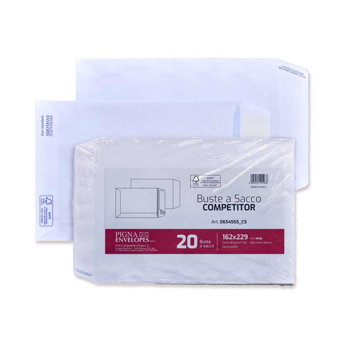 Pigna Envelopes Flache Beutel Mit Streifen 16x23 Cm, Weißes Papier 80 G/m², Packung Mit 20